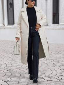 EURMUSE Belt Detail Long Fashionable Elegant Puffy Wrapped Winter Coat - Beige - View 5