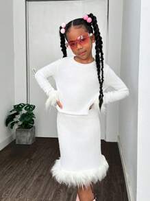Tween Girl Casual Party Knit Warm Solid Fluffy Trim Crew Neck Long Sleeve Set