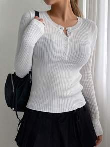 DAZY Women's Solid Color Minimalist Daily Wear Knitted Sweater, Long Sleeve Fall - White - View 1