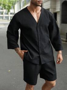 Manfinity Homme 2 Pezzi Set Comprendente Camicia Nera Manica Corta E Pantaloncini Neri Per Uomo Taglie Forti