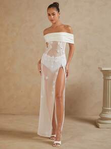SHEIN Unity Off Shoulder 3D Flower Embellished Sheer Dress