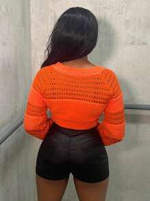 Zolique New Fashion Orange Sexy Bodycon Fluffy Striped Hollow-Out Sweater For Women Knit Pullover Fall Winter Outfit