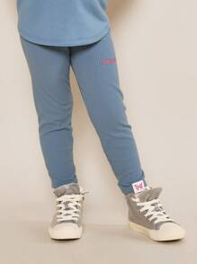 SUMWON 年轻女孩日常运动衫和罗纹打底裤两件套，带图案印花 - 藍色 - 查看 4