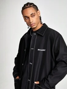 Manfinity VCAY Men's Long Embroidery Loose Woven Trench Coat, For Fall Winter - Black - View 2