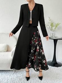 Modelyn 女性優雅純色外套和印花拼接A字裙兩件套裝，適用於春秋季節 - 彩色 - 查看 3