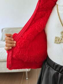 SHEIN 年輕女孩拉鍊式毛茸茸外套 - 紅色 - 查看 3