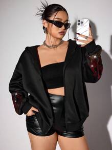 SHEIN ICON بلوفر مقنع مزين باللهب والأحجار الكريمة المرصعة لمقاسات الكبيرة للسيدات
