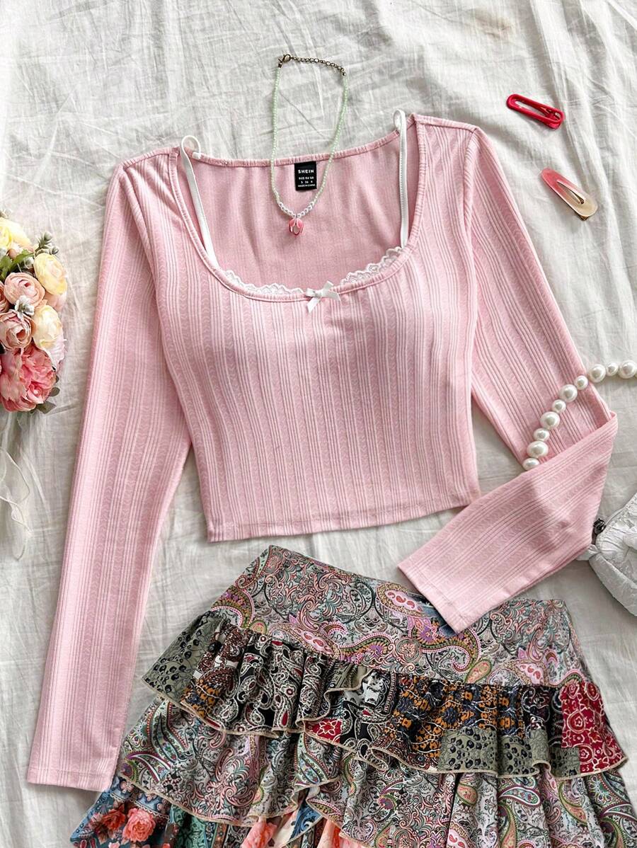 Soleia 女士度假仿分层蕾丝边纹理长袖针织 T 恤，时尚粉色 - 粉色 - 查看 1