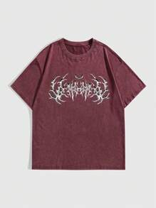 ROMWE Grunge Punk 超大款T恤，饰有复古做旧标语和大幅图案印花，采用雪洗工艺，男女皆宜，适合嘻哈和街头风格。 - 酒紅色 - 查看 1