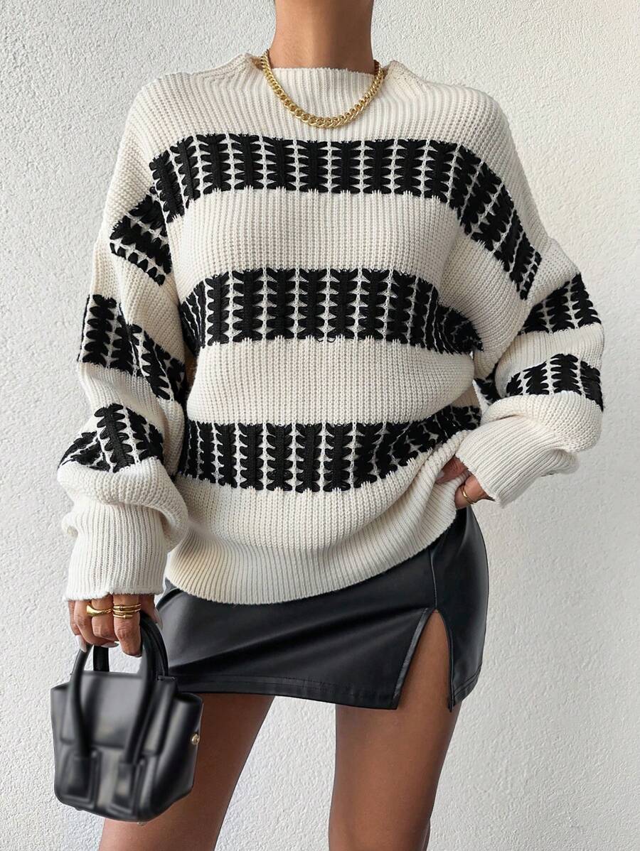 Women's Color Block Drop Shoulder Sweater - Navy Blue - View 1
