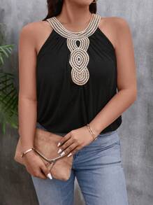 SHEIN LUNE Plus Size Summer Casual Contrast Color Hollow Lace Trim Camisole
