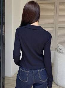 DAZY 女式 V 领长袖纽扣修身优雅简约衬衫 - 藏蓝色 - 查看 7