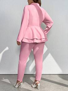 Celure 2 件大码女士翻领腰部收褶双层 A 字形长袖优雅女士套装 - 淺粉色 - 查看 6