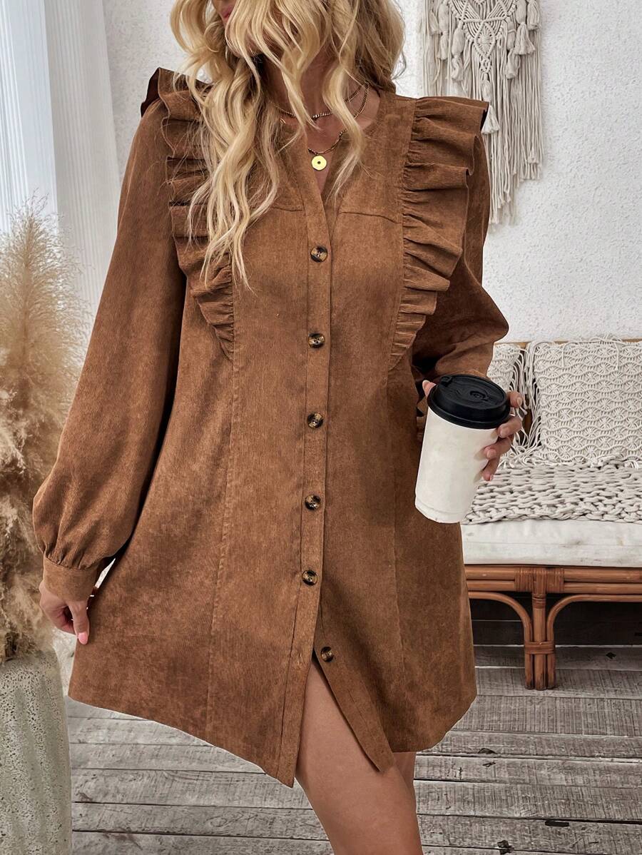 SHEIN Clasi Vestido informal con botones al frente con volantes de pana de unicolor, primavera y otoño - Caqui - Ver 1