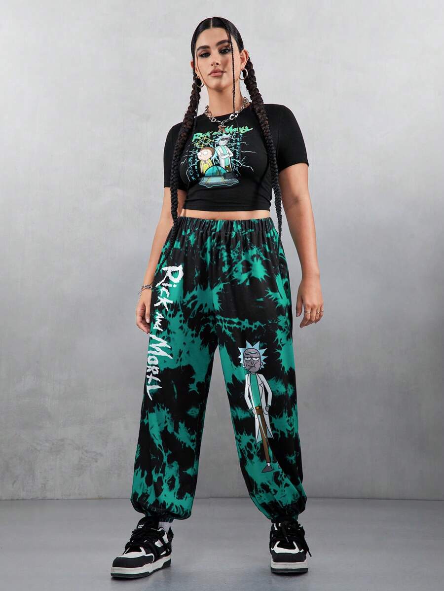 Rick and Morty X SHEIN Plus Size Casual Going Out Festival Y2k Street Style Dark Green Black Tie Dye Letter & Figure Graphic Loose Drawstring Pants - Multicolor - View 1