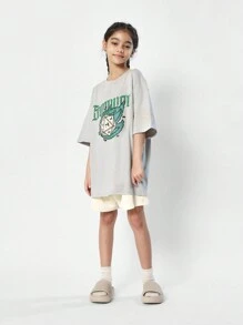 SUMWON Tween Girls Washed Oversized Fit Drop Shoulder Tee With Graphic Print - Grey - View 4