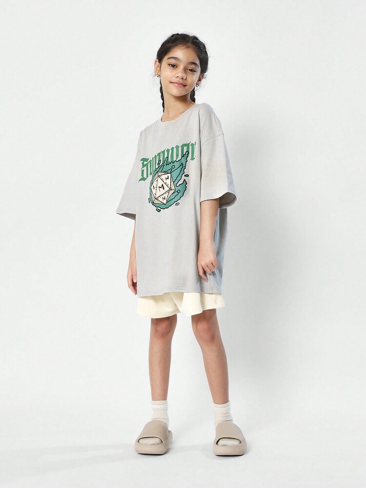 SUMWON Tween Girls Washed Oversized Fit Drop Shoulder Tee With Graphic Print - Grey - View 4