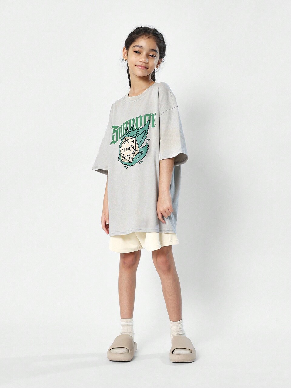 Tween Girls Washed Oversized Fit Drop Shoulder Tee With Graphic Print
