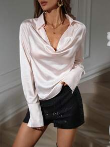 SHEIN Privé 女式优雅闪亮面料荷叶边领衬衫 - 藕粉色 - 查看 2
