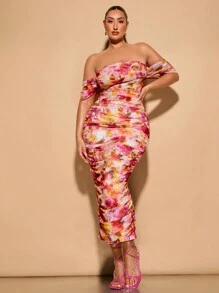SHEIN BAE Plus Size Women Elegant Floral Print Off Shoulder Sweet Date Ruched Stretch Mesh Midi Dress - Multicolor - View 4