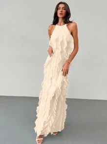 Aloruh Vestido de gasa con decoración de volantes de múltiples capas con espalda descubierta, estilo de diosa, para mujer, para primavera y verano, elegante - Albaricoque - Ver 4