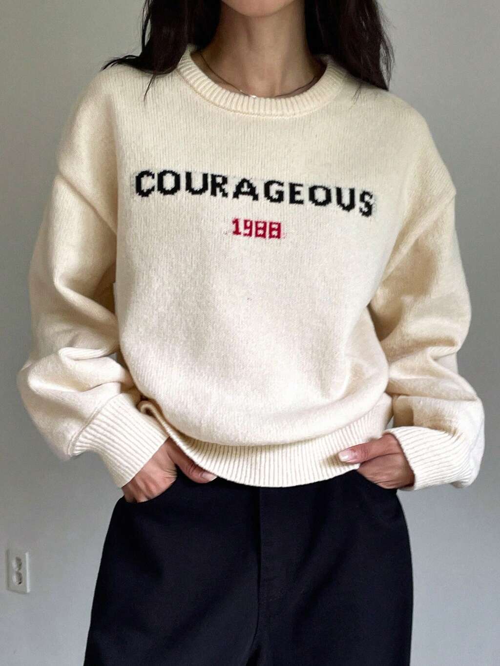 Women's Letter Jacquard Knit Loose Crew Neck Long Sleeve Sweater,Long Sleeve Tops,Fall Women Clothes