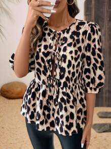 SHEIN Clasi Women Leopard Print Ruffle Hem Round Neck Casual Winter Fall Women Clothes Thanksgiving Halloween Women Homecoming Work Clothes Date Night Shirt - Brown - View 3