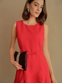 MOTF STUDIO SOLID LAYERED ASYMMETRICAL RUFFLE HEM BOW BELTED SHORT DRESS, NEW YEAR OUTFIT - Red - View 8