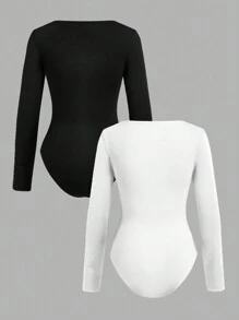 SHEIN Girlism Mono térmico de manga larga, cuello alto, ajuste delgado, informal y minimalista, para niñas preadolescentes, color negro y blanco