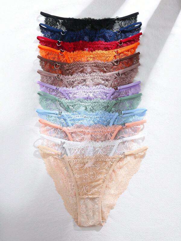 12pcs Romantic Lace Low-Waist Panties, Lingerie