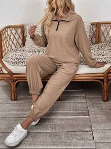 SHEIN LUNE 2pcs Women's Solid Color Zip-Up Hoodie And Pants Casual Outfit Set, Spring & Autumn - Brown - View 3