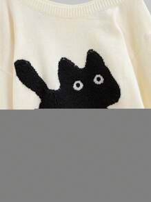 ROMWE Kawaii Suéter holgado de punto con manga larga y bordado de gato lindo, estilo casual e inocente para adolescentes