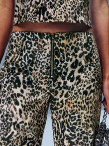 Leopard Print Zipper Front Wide Leg Pants