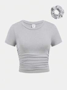 SHEIN Girlism T-shirt casual ajusté à col rond, manches courtes grises, côtés froncés, pour pré-adolescentes