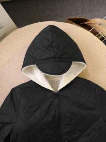 SHEIN Teen Girls Black Solid Color Contrast Hooded Fleece Jacket With Pockets,In Fall/Winter - Black - View 5