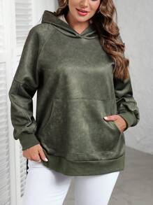 EMERY ROSE Plus Size Women's Casual Hooded Long Sleeve Fuzzy Sweatshirt For Fall & Winter With Pockets - Army Green - View 1