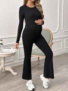 SHEIN Pregnant Women's Sexy Solid Color Black Low Back Long Sleeve Fitted Jumpsuit For Spring And Autumn, For Maternity - Black - View 5
