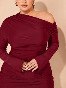 SHEIN BAE Plus Size Women's Off Shoulder Long Sleeve Ruched Bodycon Mini Dress - Burgundy - View 6