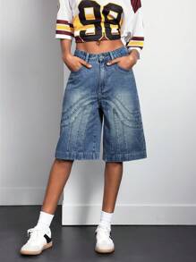 Women's Casual Loose Bermuda Denim Shorts With Pockets - Medium Wash - View 1