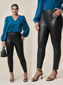 BizChic Plus Size Women's Solid Color PU Leather Button Decor Leggings - Black - View 1