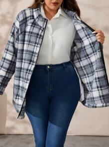 EMERY ROSE Plus Size Women's Plaid Raglan Sleeve Fleece Casual Fuzzy Jacket, Autumn Winter