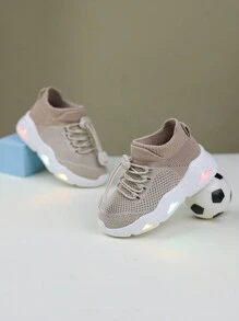 Zapatillas deportivas con luz brillante, suela suave y duradera, zapatos de contraste de color con banda elástica de tela transpirable para niños - Beis - Ver 5