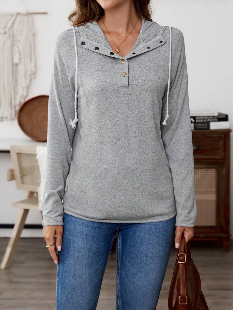 Women's Spring Autumn Button Half Placket Drawstring Hooded Casual Sweatshirt