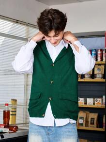 Manfinity Sporsity Men's Solid Color Patchwork Button-Up Long Sleeve Sweater With Pocket, Casual Wear