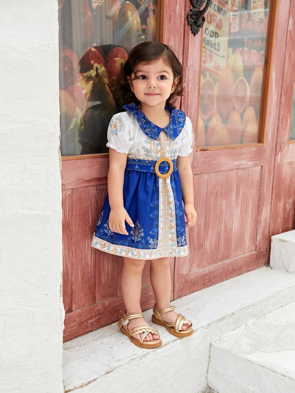 Elegant Flower Printed Short Sleeve Baby Girls' Dress