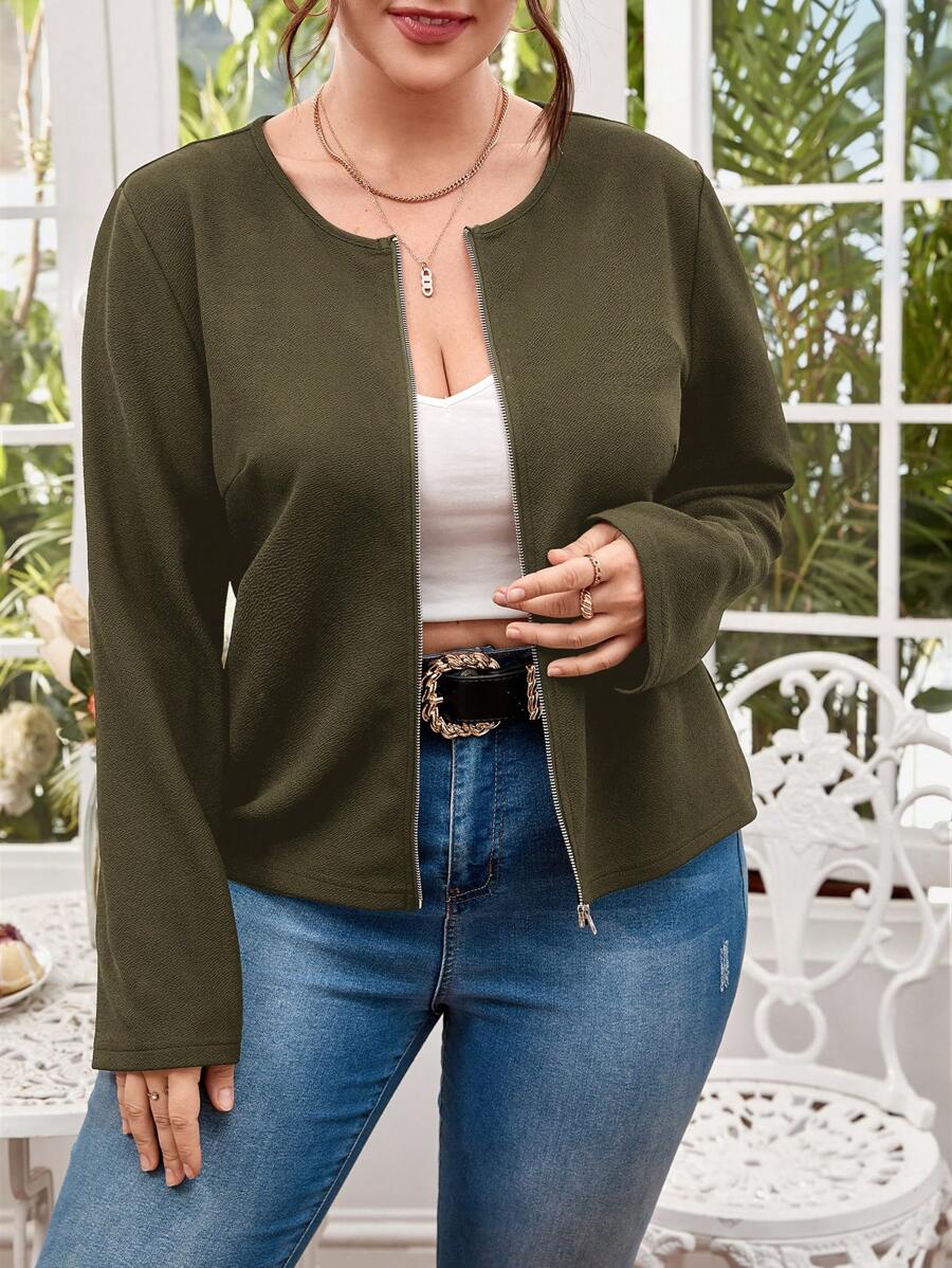 SHEIN Clasi 大码女式纯色长袖拉链短夹克，春秋季 - 軍綠色 - 查看 1
