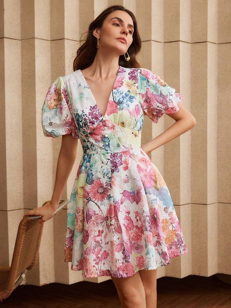 V-Neck Puff Sleeve Floral Print Elegant Vacation Dress