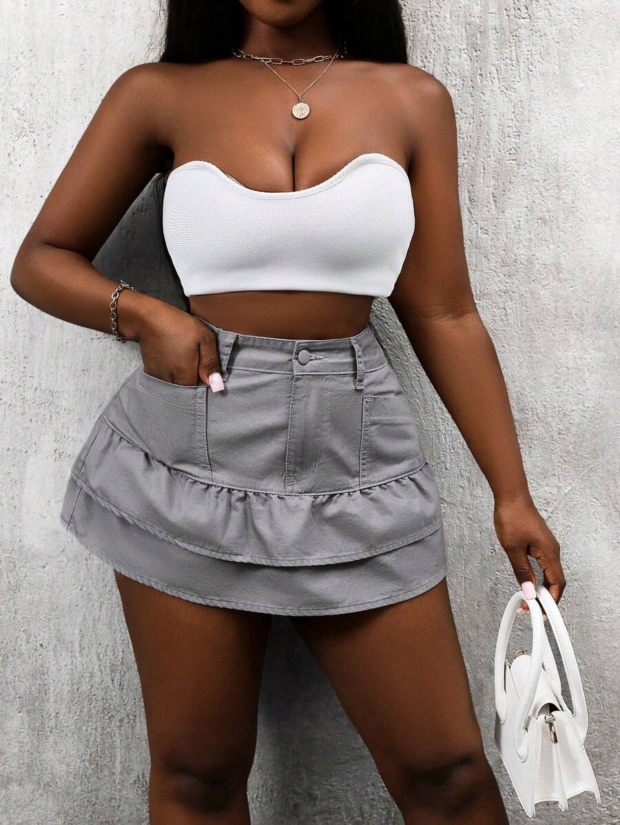 SHEIN Slayr Falda gris de mezclilla con volantes en el bajo para mujer - Gris - Ver 1