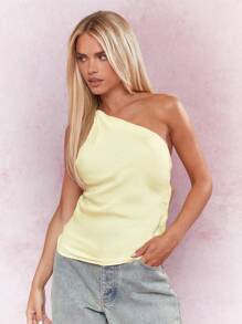MISSGUIDED Textured Satin Asymmetric One Shoulder Backless Top One Shoulder Topasymmetrical Topyellow Top - Yellow - View 1