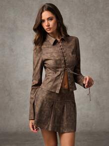 SHEIN BAE 女士春秋扎染孔眼系带长袖休闲西装外套 秋装 秋季女装 秋季夹克 秋季女士皮衣 女士夹克 冬季女装 暗黑学院风 冬装 女士大衣 冬季大衣 冬季服装 - 卡其色 - 查看 4